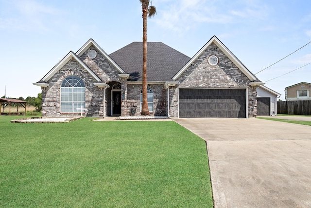 200 Skylark Ave, Bridge City, TX 77611 - view of front facade featuring a front yard, concrete driveway, an attached garage, roof with shingles, and brick siding