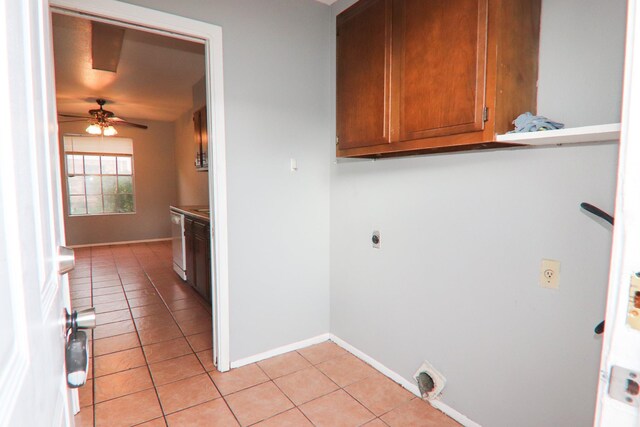 8720 Glen Mdw, Beaumont, TX 77706 - washroom featuring cabinet space, hookup for an electric dryer, light tile patterned floors, and ceiling fan