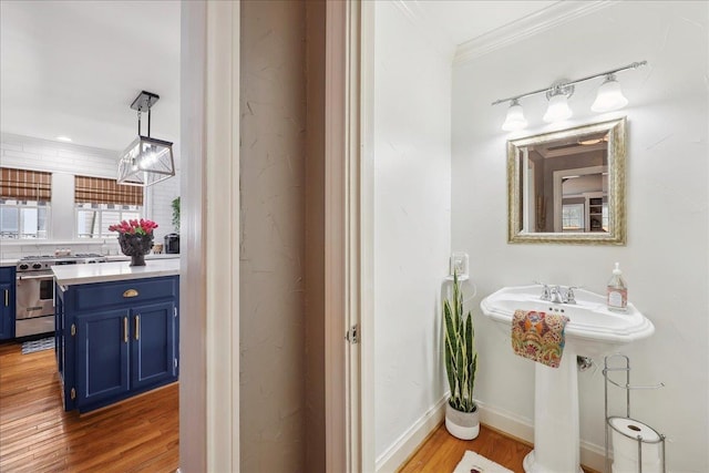 bathroom with baseboards, wood finished floors, and crown molding