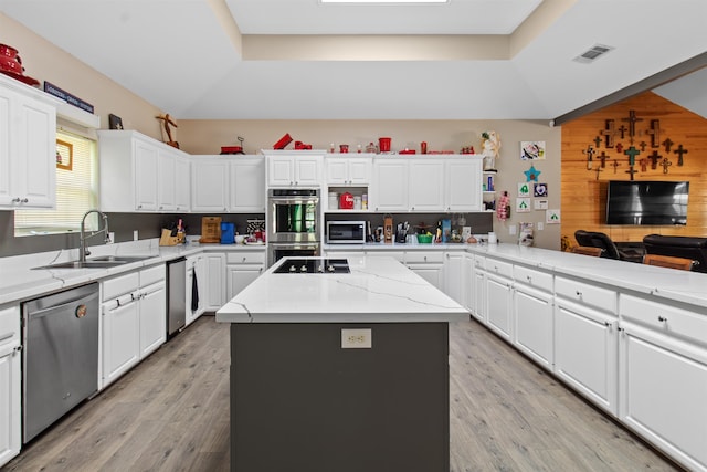 kitchen featuring appliances with stainless steel finishes, a center island, a tray ceiling, and sink