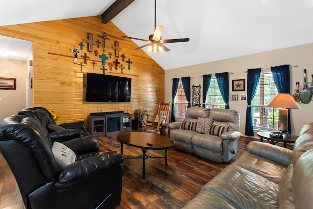 living room featuring ceiling fan, dark hardwood / wood-style floors, lofted ceiling with beams, and wooden walls