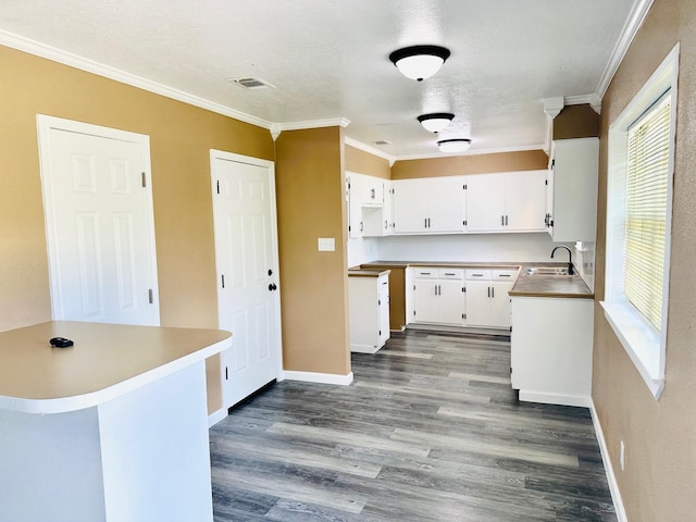9130 Doty St, Beaumont, TX 77707 - kitchen with crown molding, white cabinetry, dark wood-style floors, baseboards, and a sink