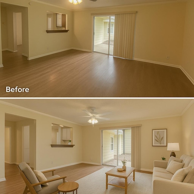 401 Camellia Ave, Orange, TX 77630 - living room with ceiling fan, healthy amount of natural light, crown molding, and wood finished floors