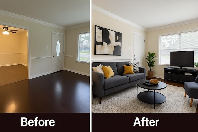 401 Camellia Ave, Orange, TX 77630 - living area featuring wood finished floors, ornamental molding, baseboards, and ceiling fan