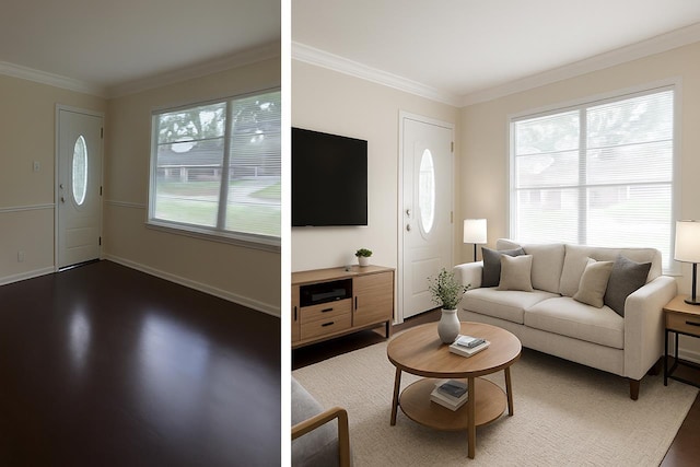 401 Camellia Ave, Orange, TX 77630 - living room with ornamental molding, baseboards, and wood finished floors