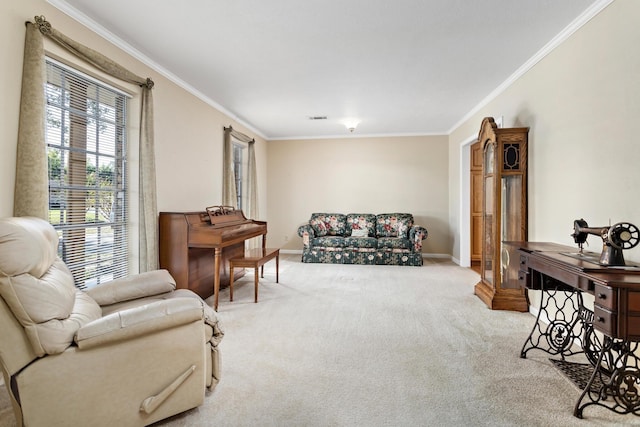 living room featuring carpet and ornamental molding