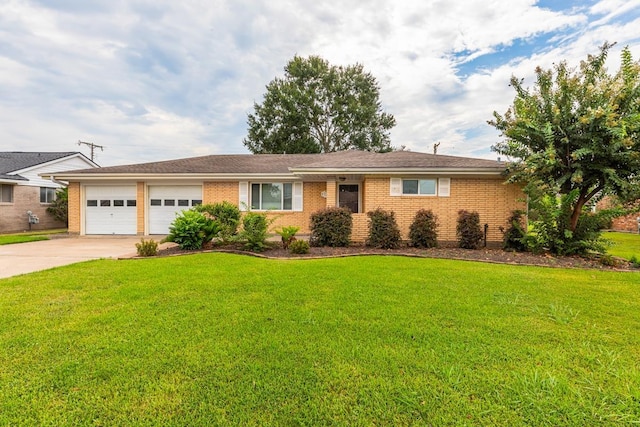 ranch-style home with a garage and a front yard