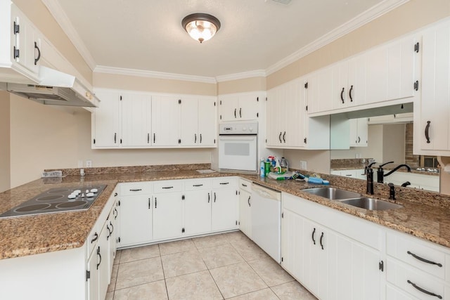 kitchen with white cabinetry, sink, crown molding, white appliances, and light tile patterned flooring