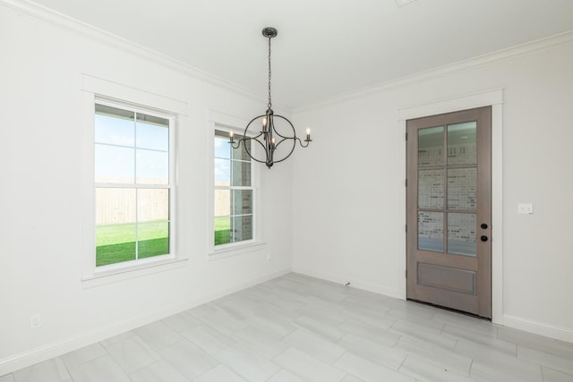 unfurnished dining area featuring ornamental molding and a notable chandelier