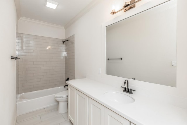 full bathroom with tile patterned flooring, tiled shower / bath combo, vanity, ornamental molding, and toilet