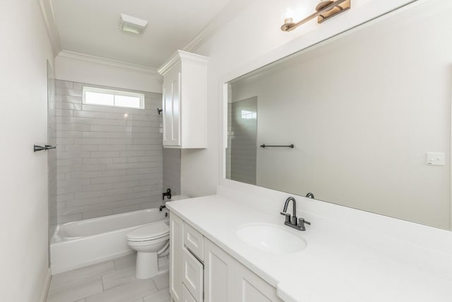 full bathroom featuring tiled shower / bath, vanity, crown molding, and toilet