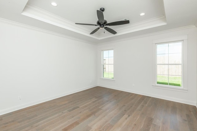 empty room with hardwood / wood-style flooring and a raised ceiling