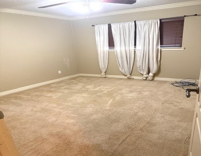 6845 Hialeah Dr, Beaumont, TX 77706 - spare room featuring ceiling fan, light carpet, ornamental molding, and baseboards