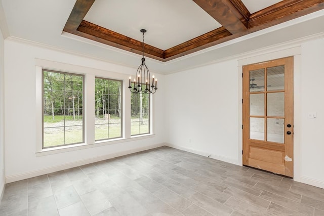 unfurnished dining area featuring crown molding, beamed ceiling, a raised ceiling, and a notable chandelier