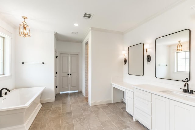 bathroom with vanity, a bath, and crown molding