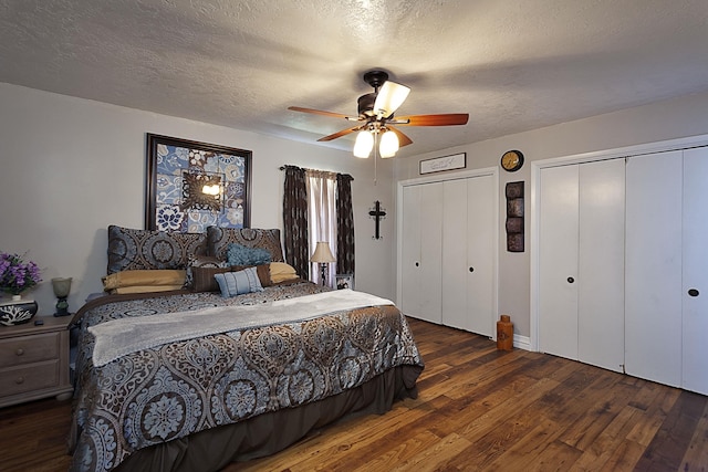 11 Finwick Dr, Orange, TX 77632 - bedroom with a textured ceiling, hardwood / wood-style floors, a ceiling fan, and multiple closets