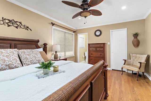 bedroom featuring recessed lighting, a ceiling fan, baseboards, ornamental molding, and light wood-type flooring