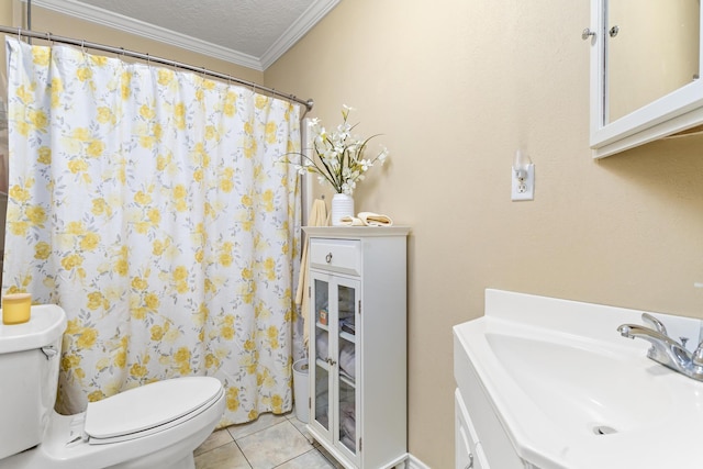 bathroom with tile patterned flooring, crown molding, a textured ceiling, and toilet