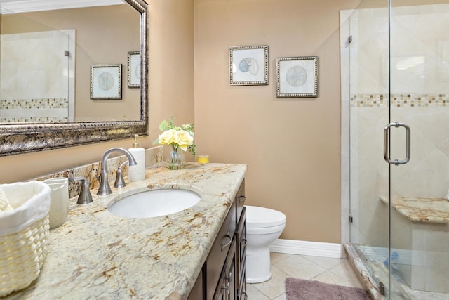 bathroom featuring toilet, a stall shower, tile patterned flooring, and vanity