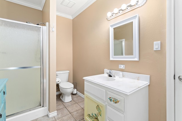 full bathroom featuring a stall shower, visible vents, crown molding, and vanity