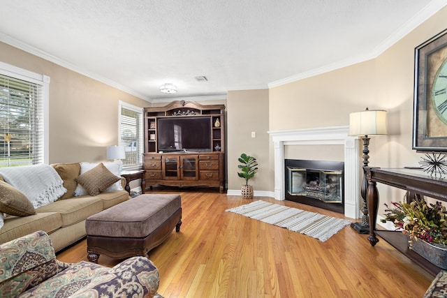 living area with light wood finished floors, baseboards, a glass covered fireplace, ornamental molding, and a textured ceiling