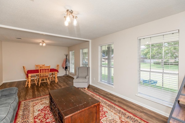 living room with dark hardwood / wood-style flooring, a textured ceiling, and a wealth of natural light