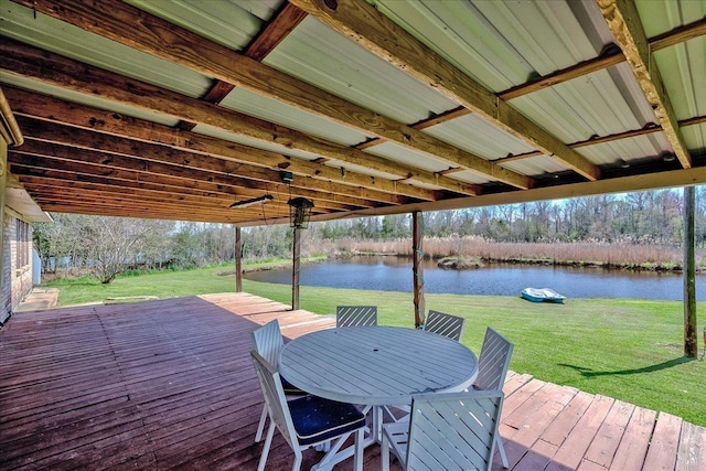 wooden deck with a water view and a lawn