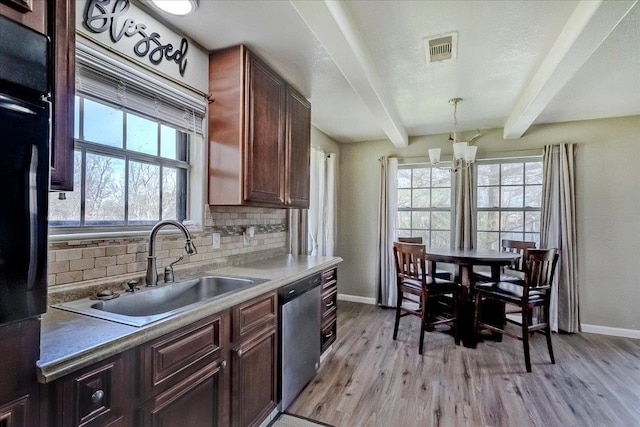 kitchen with tasteful backsplash, visible vents, beam ceiling, light wood-style floors, and stainless steel dishwasher