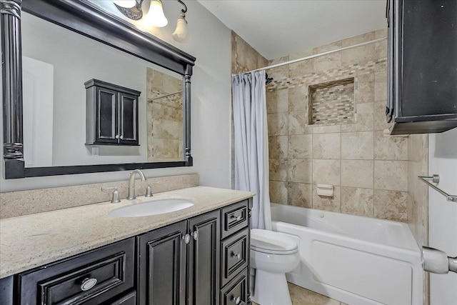 bathroom featuring vanity, toilet, and shower / tub combo with curtain