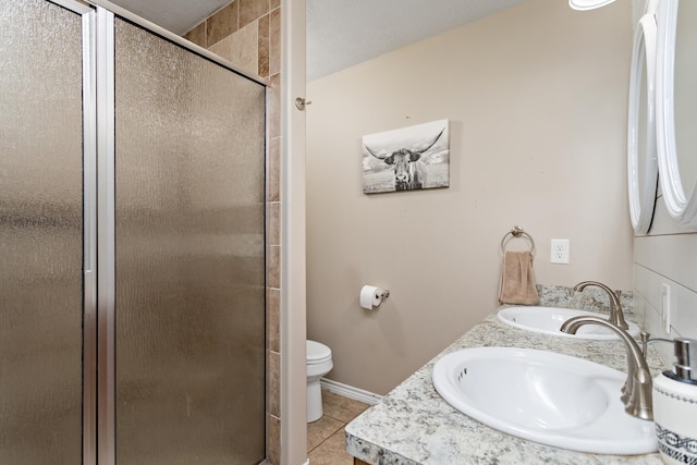 bathroom featuring tile patterned flooring, a shower stall, toilet, and a sink