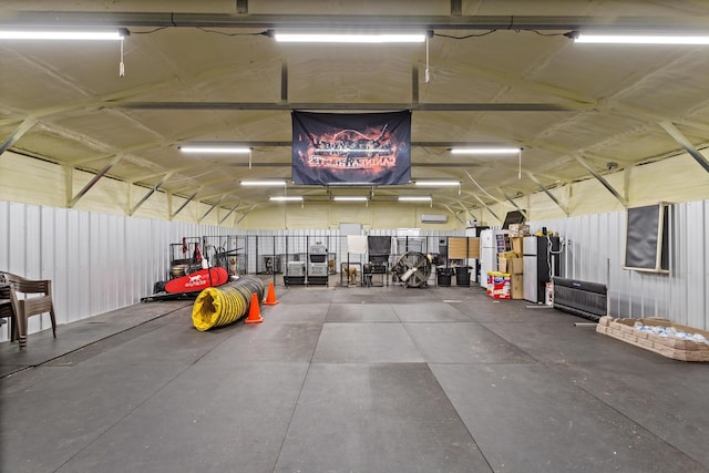 garage with freestanding refrigerator