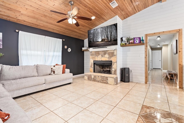 tiled living area with a ceiling fan, visible vents, high vaulted ceiling, a stone fireplace, and wooden ceiling