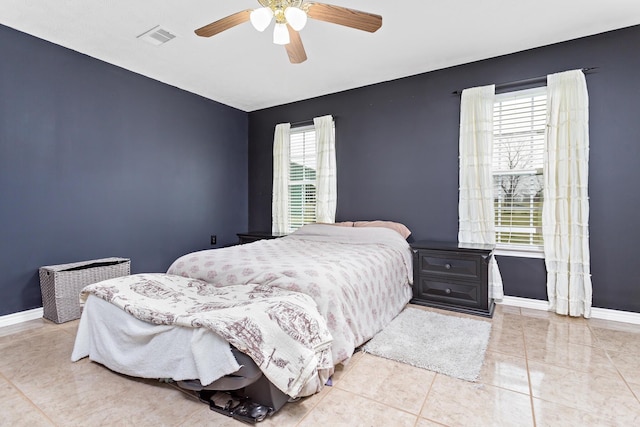 bedroom with a ceiling fan, baseboards, and visible vents