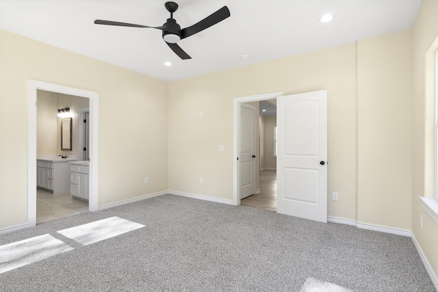 103 Ned, Lumberton, TX 77657 - unfurnished bedroom featuring light colored carpet, recessed lighting, connected bathroom, and ceiling fan