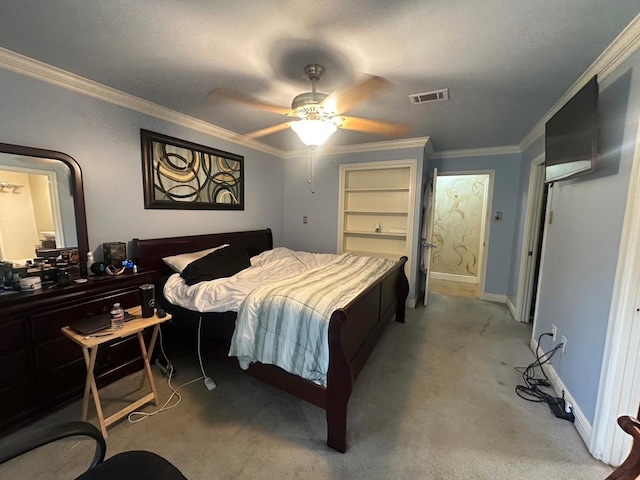 bedroom featuring light carpet, visible vents, baseboards, and ornamental molding