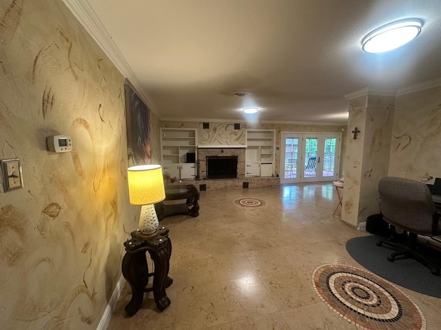 living room with built in shelves, french doors, visible vents, and ornamental molding