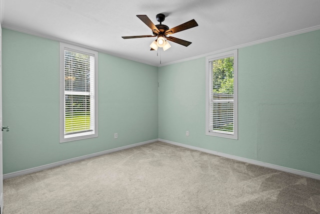 carpeted empty room with baseboards, plenty of natural light, ceiling fan, and crown molding