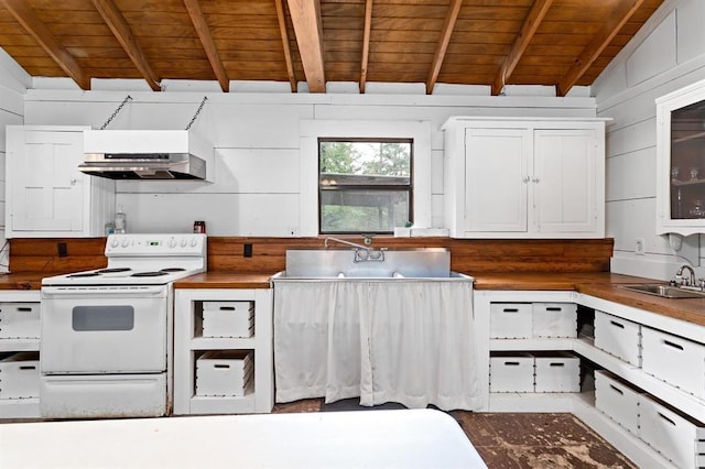 kitchen with vaulted ceiling with beams, white cabinetry, white range with electric cooktop, and ventilation hood