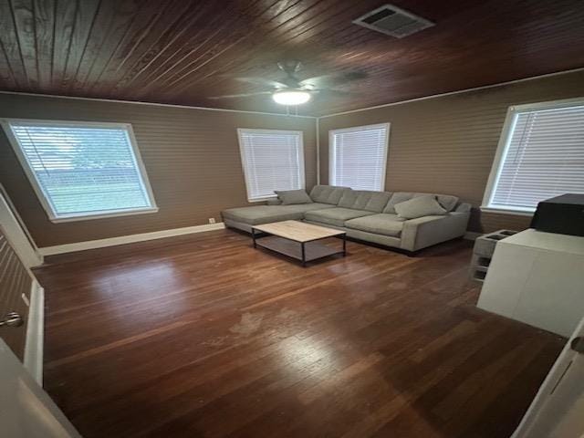 living room featuring dark hardwood / wood-style flooring, ceiling fan, and wood ceiling