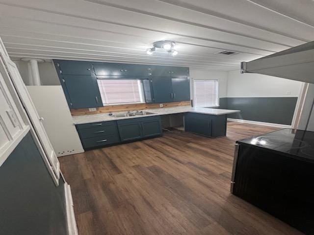 kitchen featuring blue cabinetry, dark hardwood / wood-style flooring, range with electric stovetop, and sink