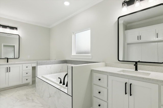 bathroom featuring vanity, tiled bath, and crown molding