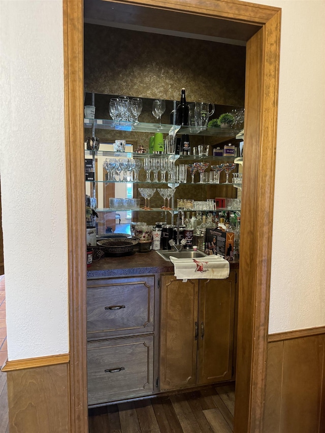 bar featuring a sink, a dry bar, wainscoting, and dark wood finished floors