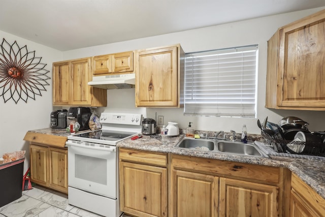 2725 29th St, Port Arthur, TX 77640 - kitchen with electric range, under cabinet range hood, a sink, and light marble finish flooring