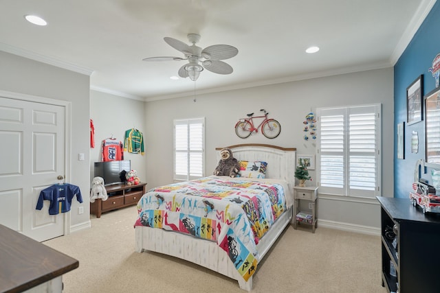 2250 Savannah Trce, Beaumont, TX 77706 - bedroom featuring carpet, recessed lighting, a ceiling fan, and crown molding