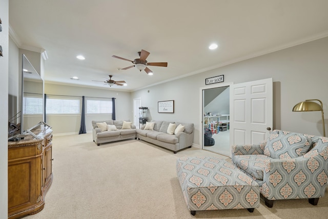 2250 Savannah Trce, Beaumont, TX 77706 - living room featuring light carpet, crown molding, recessed lighting, and a ceiling fan