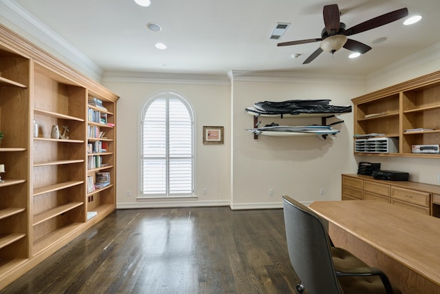 2250 Savannah Trce, Beaumont, TX 77706 - home office with a ceiling fan, dark wood-style flooring, and ornamental molding