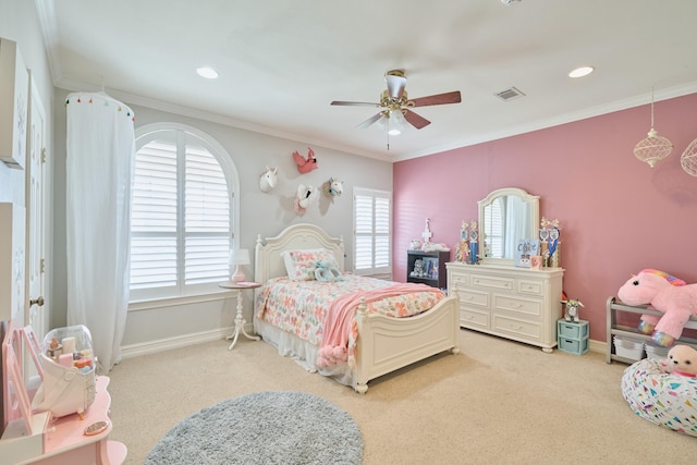 2250 Savannah Trce, Beaumont, TX 77706 - bedroom with light carpet, recessed lighting, a ceiling fan, and ornamental molding