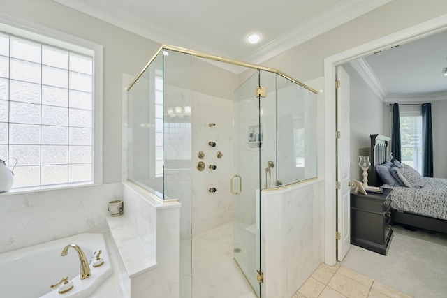 2250 Savannah Trce, Beaumont, TX 77706 - ensuite bathroom featuring ornamental molding, a stall shower, healthy amount of natural light, and a garden tub