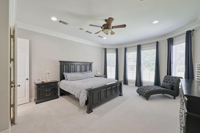 2250 Savannah Trce, Beaumont, TX 77706 - bedroom with light carpet, crown molding, multiple windows, a ceiling fan, and recessed lighting