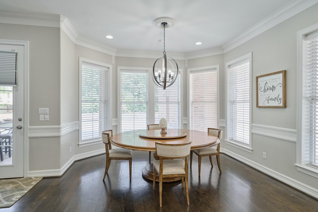 2250 Savannah Trce, Beaumont, TX 77706 - dining space featuring a chandelier, dark wood-type flooring, recessed lighting, and ornamental molding